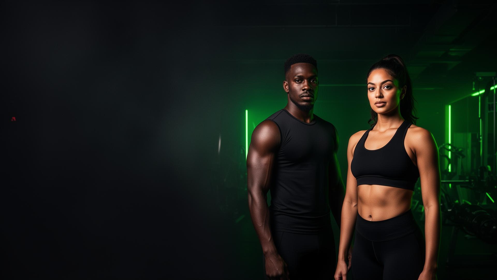 Two confident athletes standing in a dark cinematic gym lit by Kelly green accents